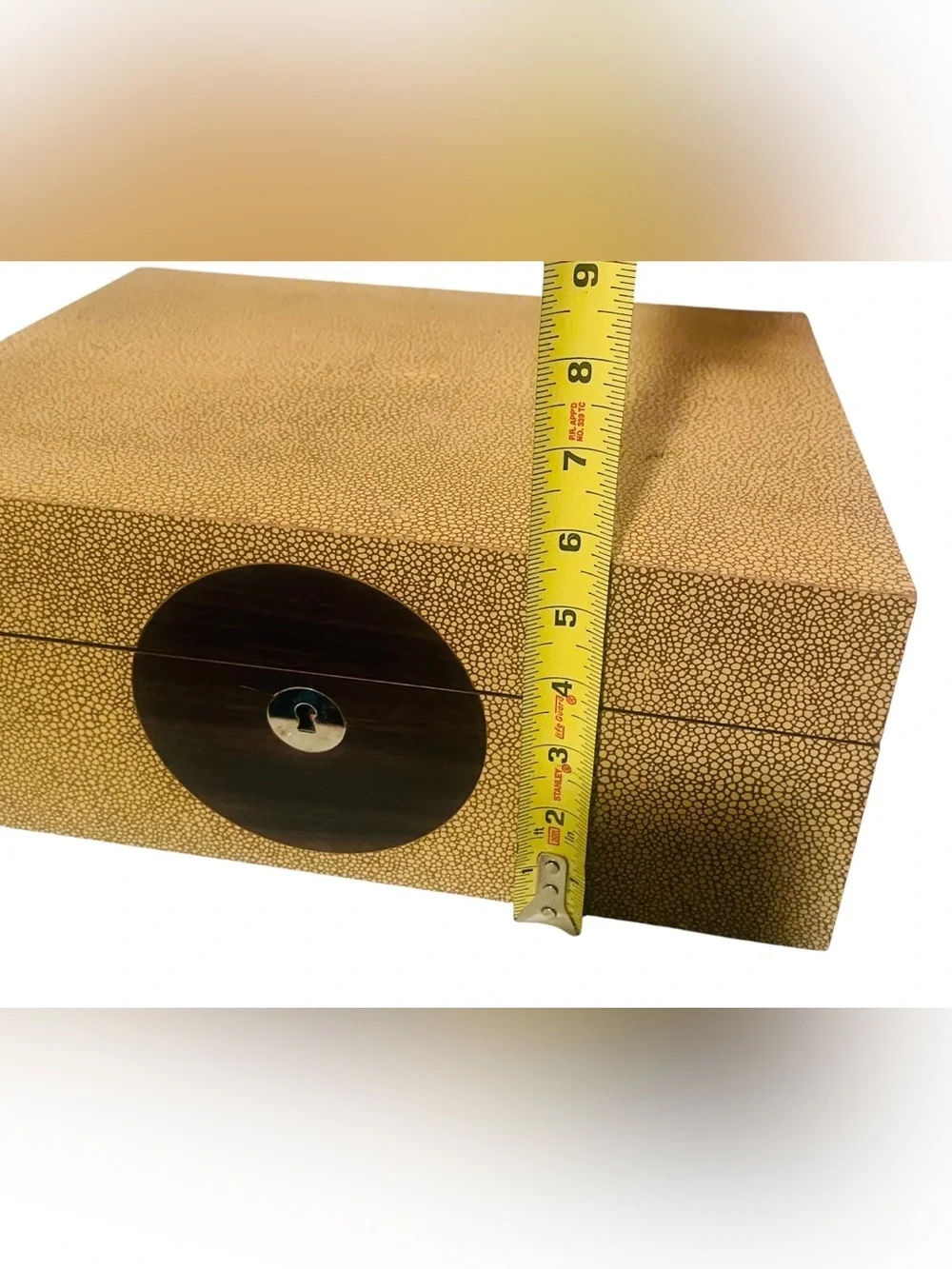 Global Views Faux Shagreen Locking Jewelry Box Mirror Key 14” Camel Brown